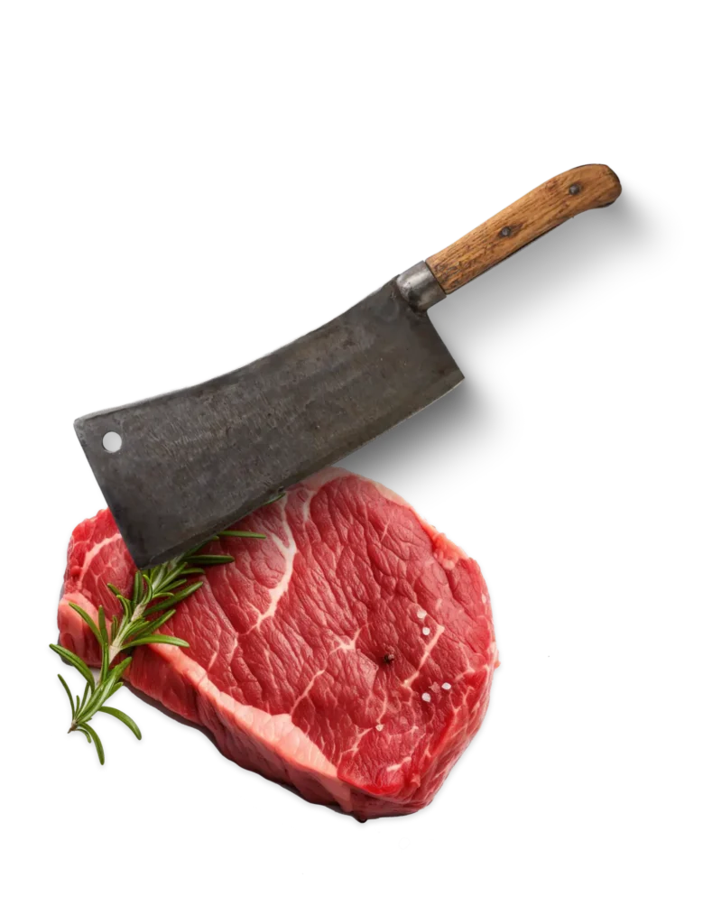 Corte de carne de res con hueso, cuchillo de carnicero y romero fresco