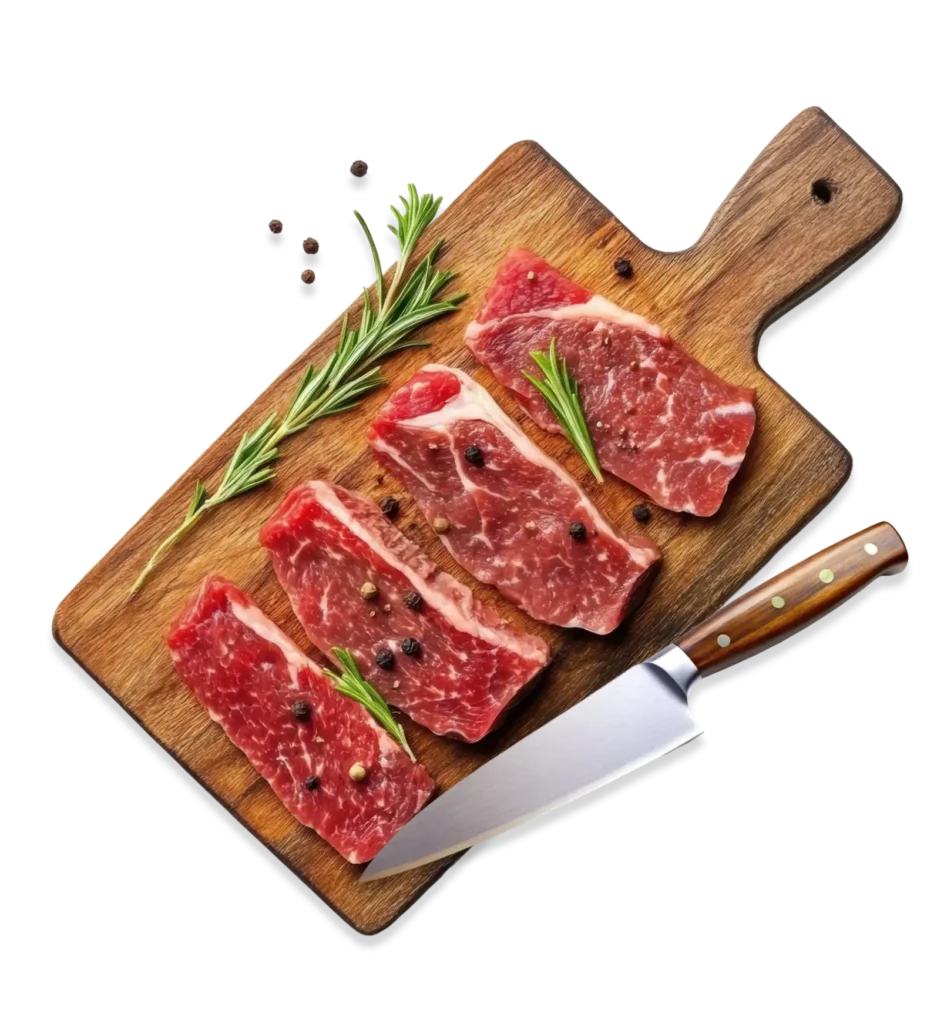 Cortes de carne de res frescos sobre tabla de madera con romero y pimienta