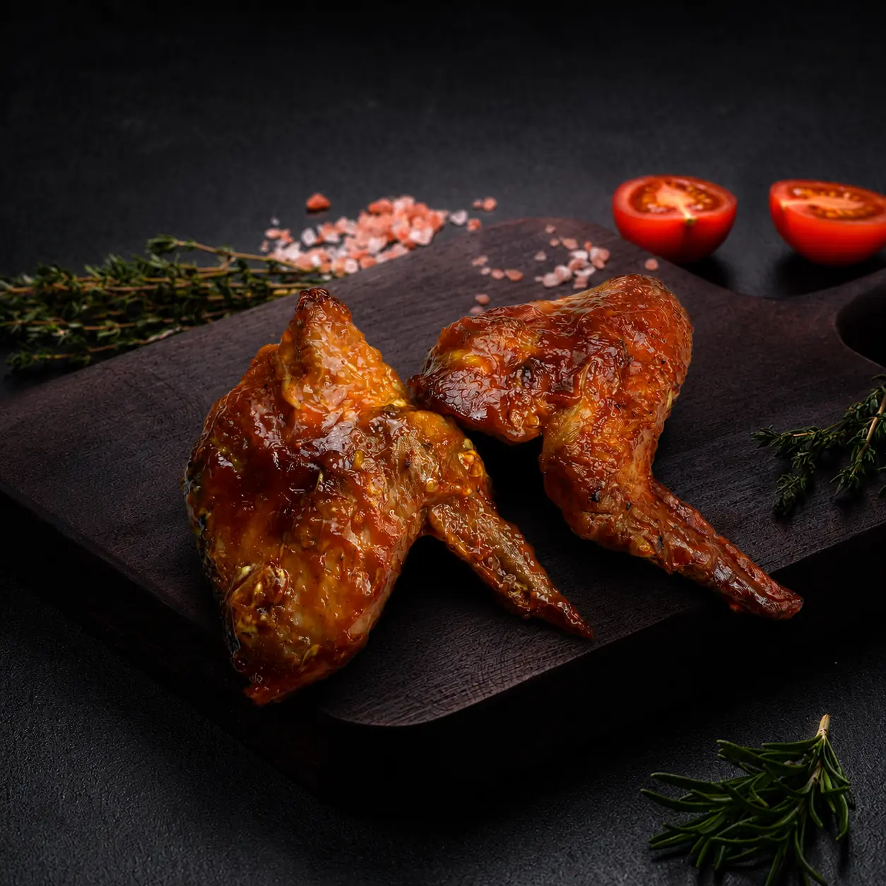 Alitas de pollo bañadas en salsa BBQ sobre tabla de madera con tomillo