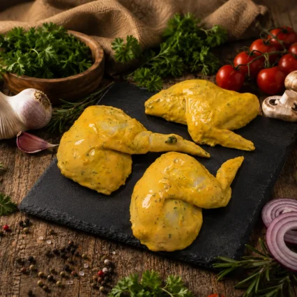 Alitas de pollo marinadas en salsa de mostaza y miel sobre pizarra oscura