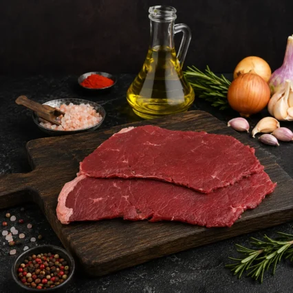 Bistec vuelta lomo fileteado sobre tabla de madera con especias y aceite de oliva