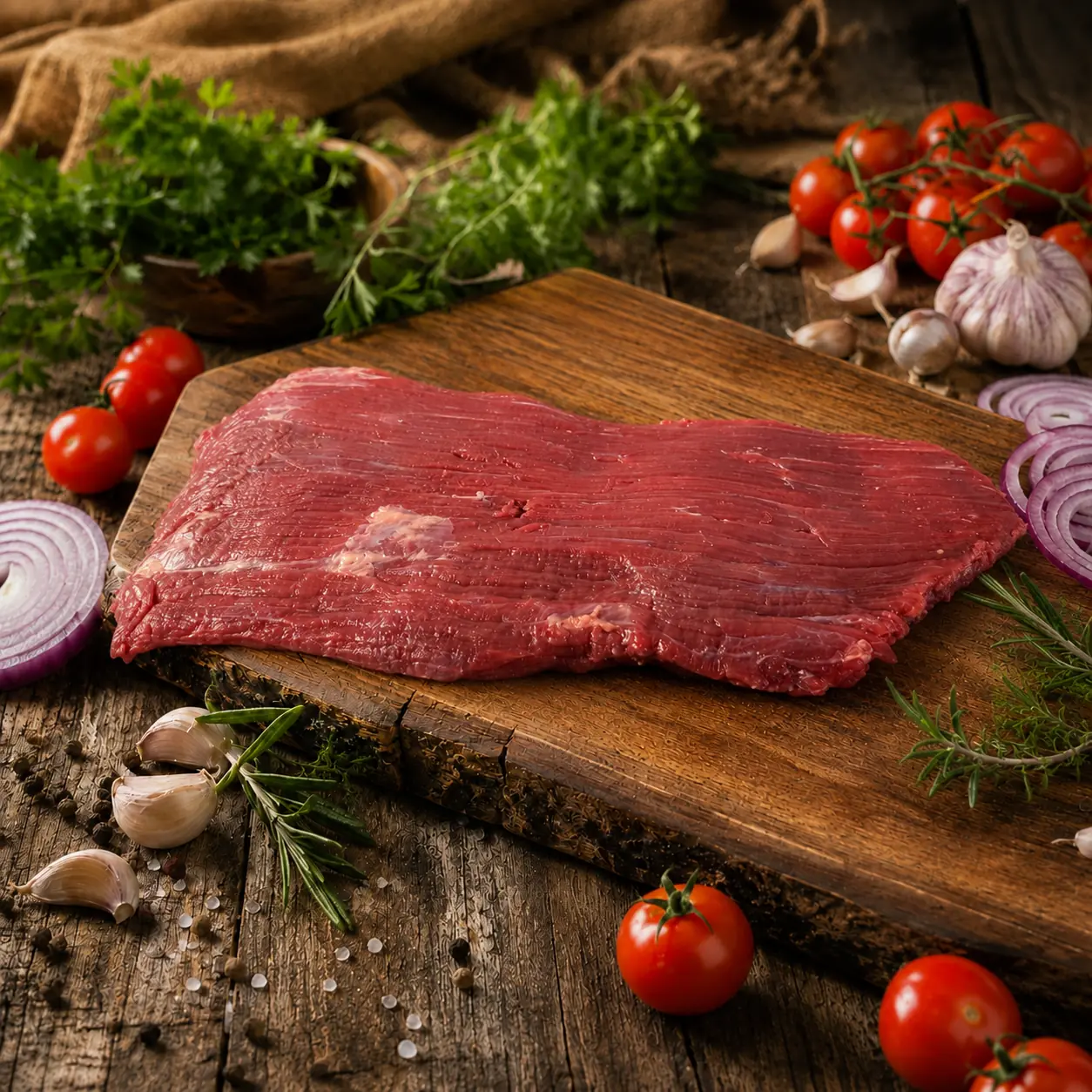 Corte de carne para mechar sobre tabla de madera con tomate y ajo