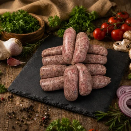 Salchichas crudas de cerdo sobre pizarra con ajo, cebolla morada y tomate
