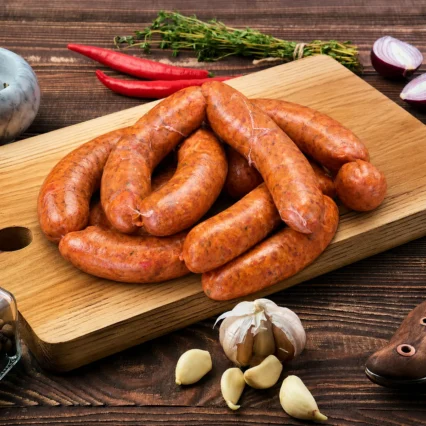 Chorizo casero con chile enrollado sobre tabla de madera con ajo y cebolla morada
