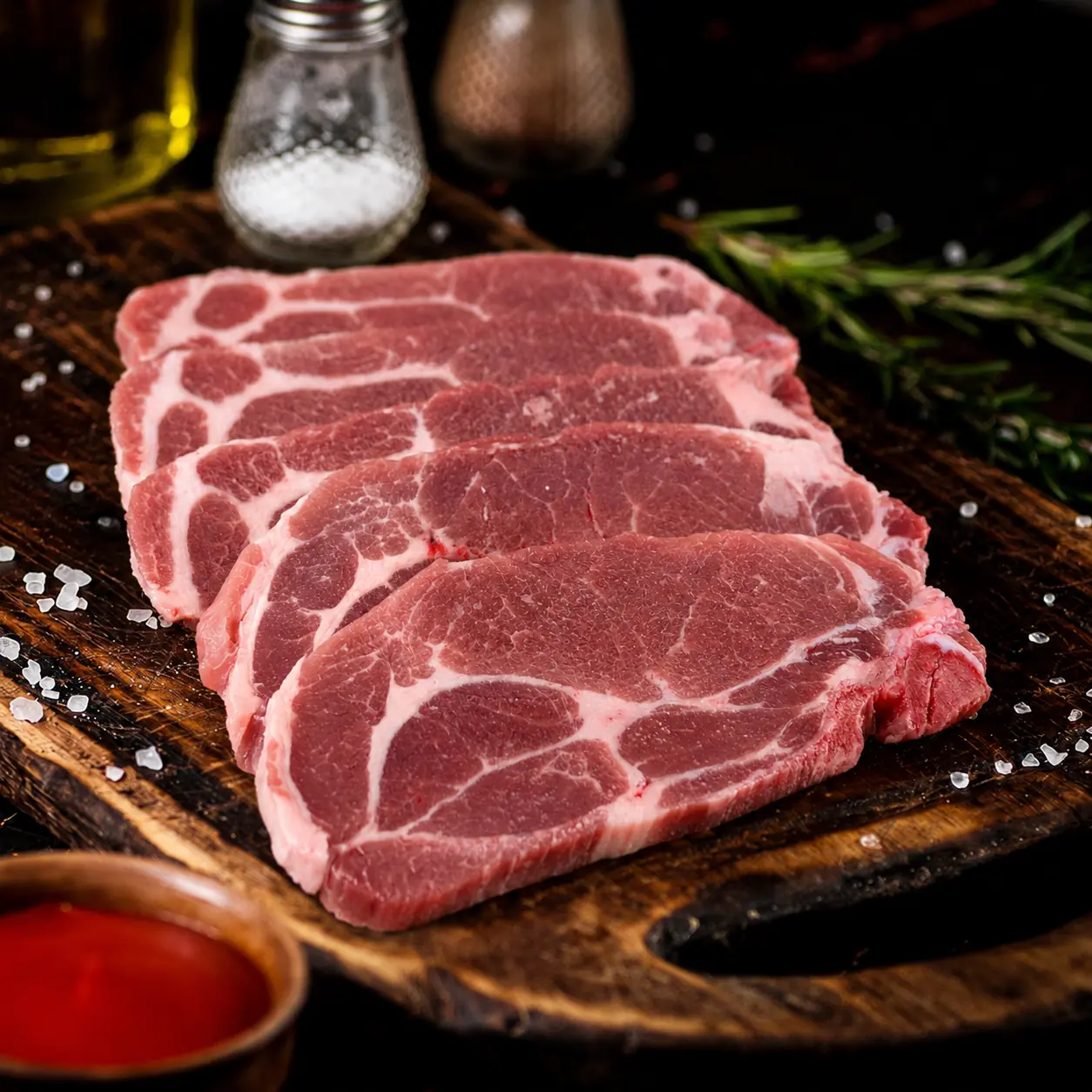 Chuleta especial de cerdo en tabla oscura con sal en grano y romero