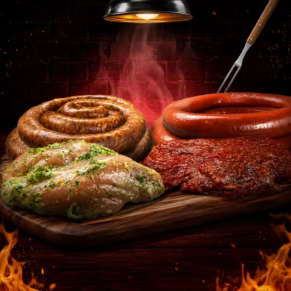Combo Parrillero 1 con chorizo criollo, filete de pollo marinado, salchichón y bistec de res BBQ sobre tabla de madera