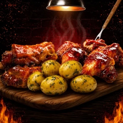 Combo con costilla de cerdo BBQ, alitas BBQ y papitas al romero sobre tabla de madera