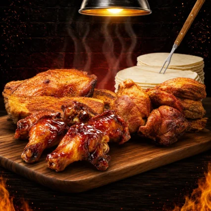 Combo con alitas BBQ, chicharrón de carne, chicharrón de panzada y tortillas caseras sobre tabla de madera