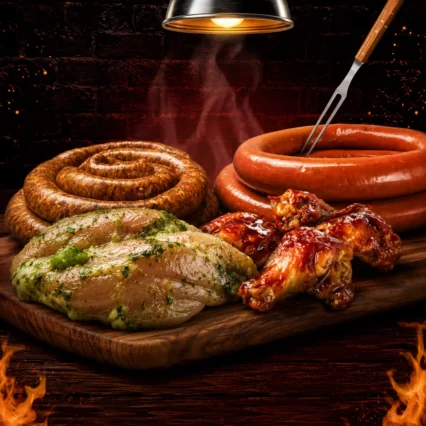 Combo con costilla tejana, alitas marinadas, chorizo criollo y salchichón sobre tabla de madera