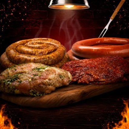 Combo con costilla tejana, chorizo criollo, salchichón y bistec de res BBQ sobre tabla de madera