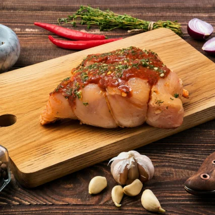 Cordon bleu de pollo marinado con hierbas sobre tabla de madera