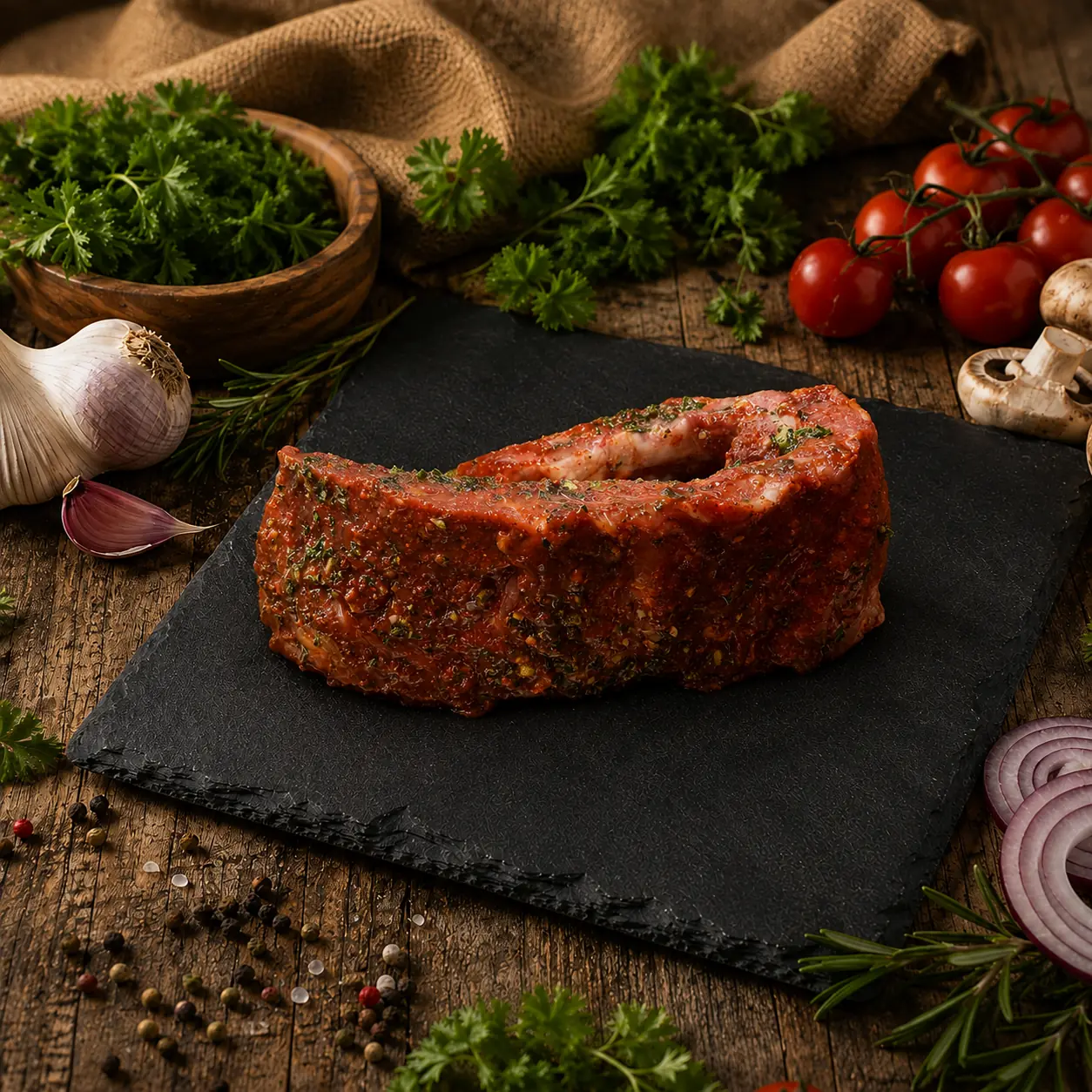 Costilla Saint Louis de cerdo marinada sobre pizarra con perejil y tomate