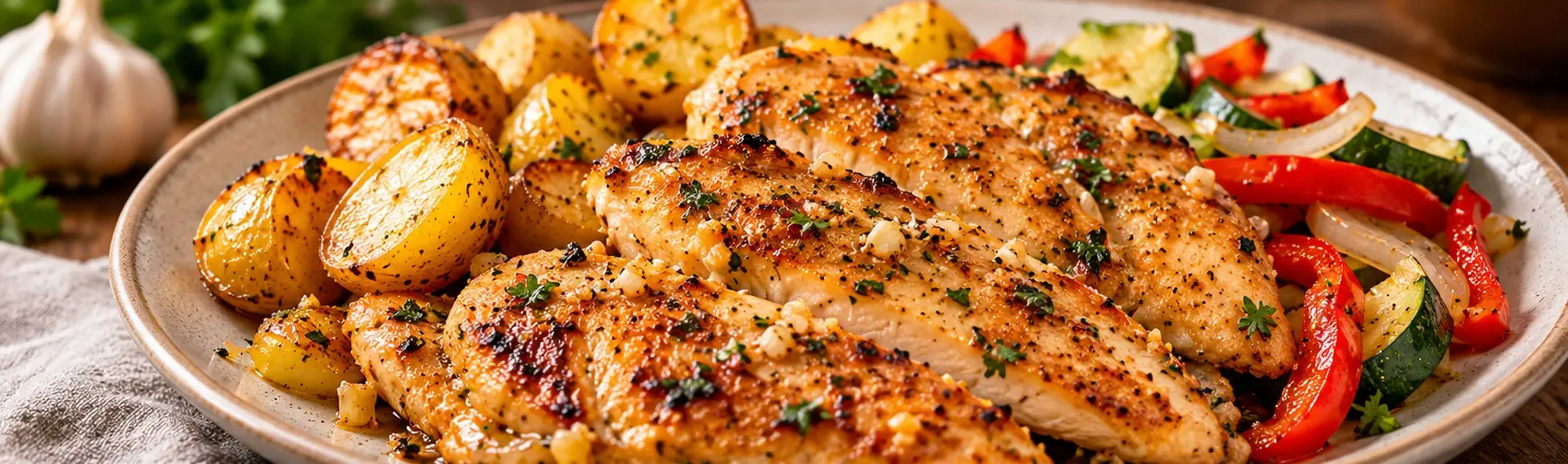 Filet de pollo al ajillo con papas doradas y vegetales