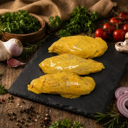 Filetes de pechuga marinados en salsa de mostaza y miel sobre pizarra oscura