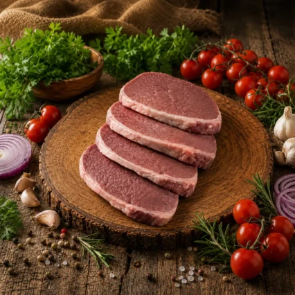 Bistec de mano de piedra en porciones sobre tabla de madera rústica