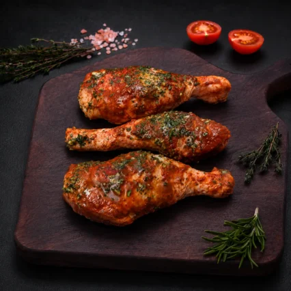 Muslos de pollo marinados en salsa BBQ sobre tabla de madera con tomate