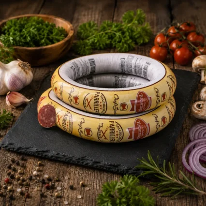 Salchichón parrillero empacado sobre pizarra con ajo y tomate