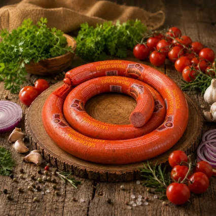 Salchichón Valenciano empacado sobre tronco de madera con perejil y tomate