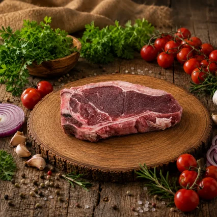 Corte de T-Bone de res sobre tabla de madera rústica con tomate
