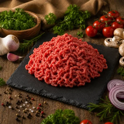 Carne molida premium fresca sobre pizarra con ajo y tomate