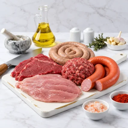 Combo de carnes variadas: res, pollo, molida y embutidos sobre tabla de mármol