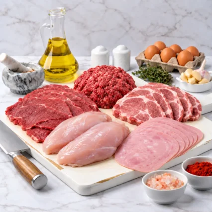 Combo de carnes variadas: res, molida, cerdo, pollo y jamón sobre tabla de mármol
