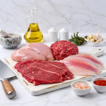 Combo de carnes variadas: pollo, res, molida y pescado sobre tabla de mármol