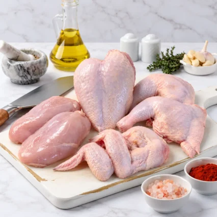 Combo de pollo variado: pechuga, piernas y alas sobre tabla de mármol