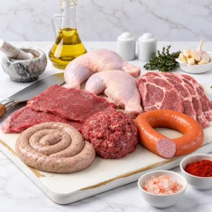 Combo de carnes variadas: pollo, cerdo, res, molida y embutidos sobre tabla de mármol