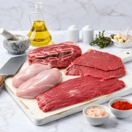 Combo de carnes variadas: res, pollo y corte con hueso sobre tabla de mármol