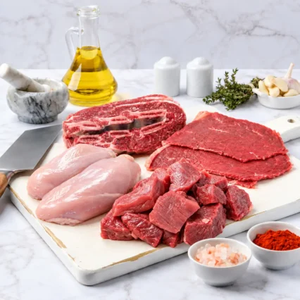 Combo de carnes variadas: res en trozos, bistec, pollo y corte con hueso sobre tabla de mármol