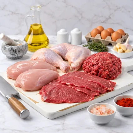 Combo de carnes variadas: pollo, res, molida y huevos sobre tabla de mármol