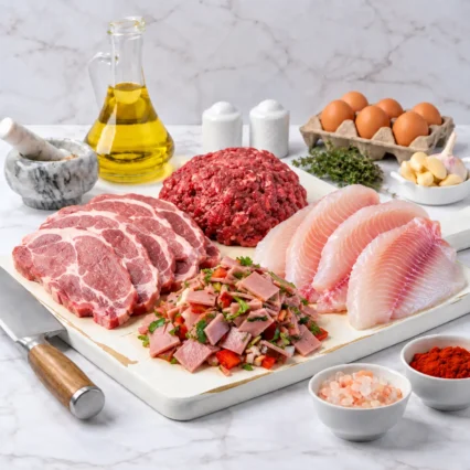 Combo de carnes variadas: cerdo, molida, pescado y jamón sobre tabla de mármol